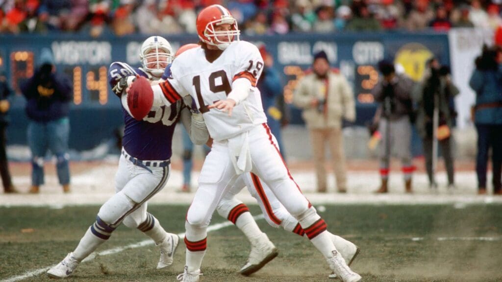 Jan 9, 1988; Cleveland, OH, USA; FILE PHOTO; Cleveland Browns quarterback #19 Bernie Kosar in action against the Indianapolis Colts during the AFC Divisional Playoff game at Cleveland Stadium. The Browns defeated the Colts 38-21.