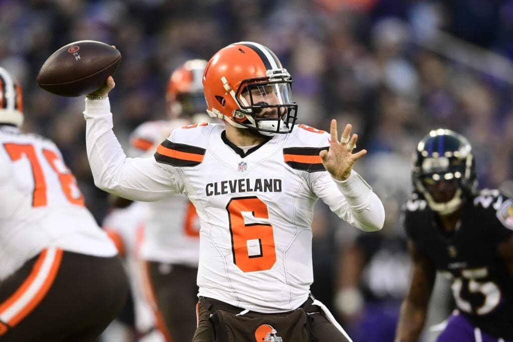 Dec 30, 2018; Baltimore, MD, USA; Cleveland Browns quarterback Baker Mayfield (6) throws during the first quarter Baltimore Ravens at M&T Bank Stadium.
