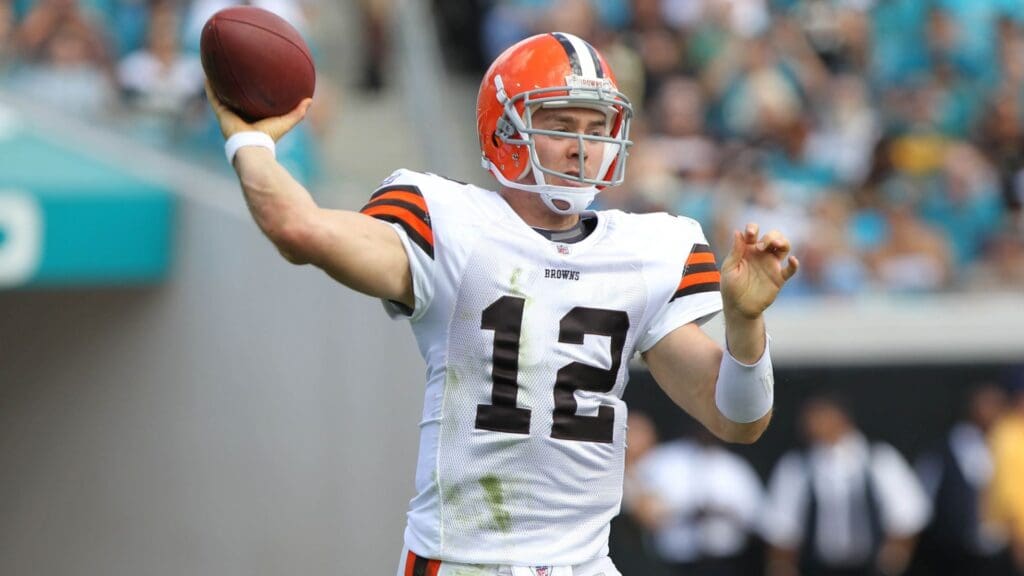 November 21, 2010; Jacksonville FL, USA;Cleveland Browns quarterback Colt McCoy (12) drops back for a pass during the first half of their game against the Jacksonville Jaguars at Jacksonville EverBank Field.