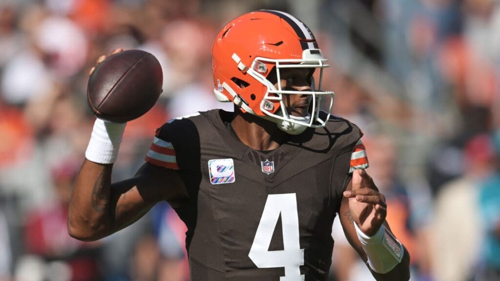 Oct 20, 2024; Cleveland, Ohio, USA; Cleveland Browns quarterback Deshaun Watson (4) throws a pass during the first quarter against the Cincinnati Bengals at Huntington Bank Field.