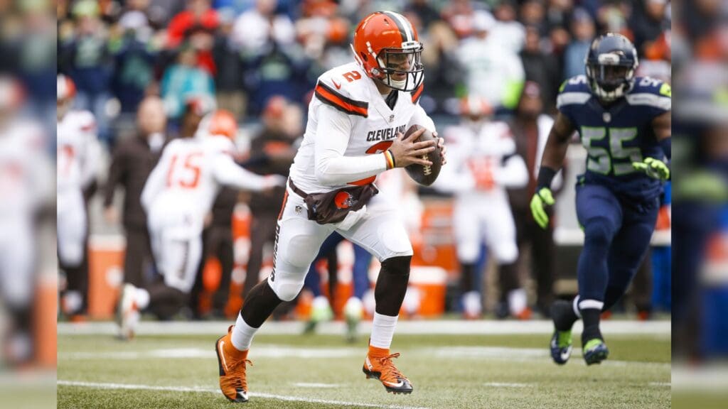 Dec 20, 2015; Seattle, WA, USA; Cleveland Browns quarterback Johnny Manziel (2) rolls out against the Seattle Seahawks during the first quarter at CenturyLink Field.