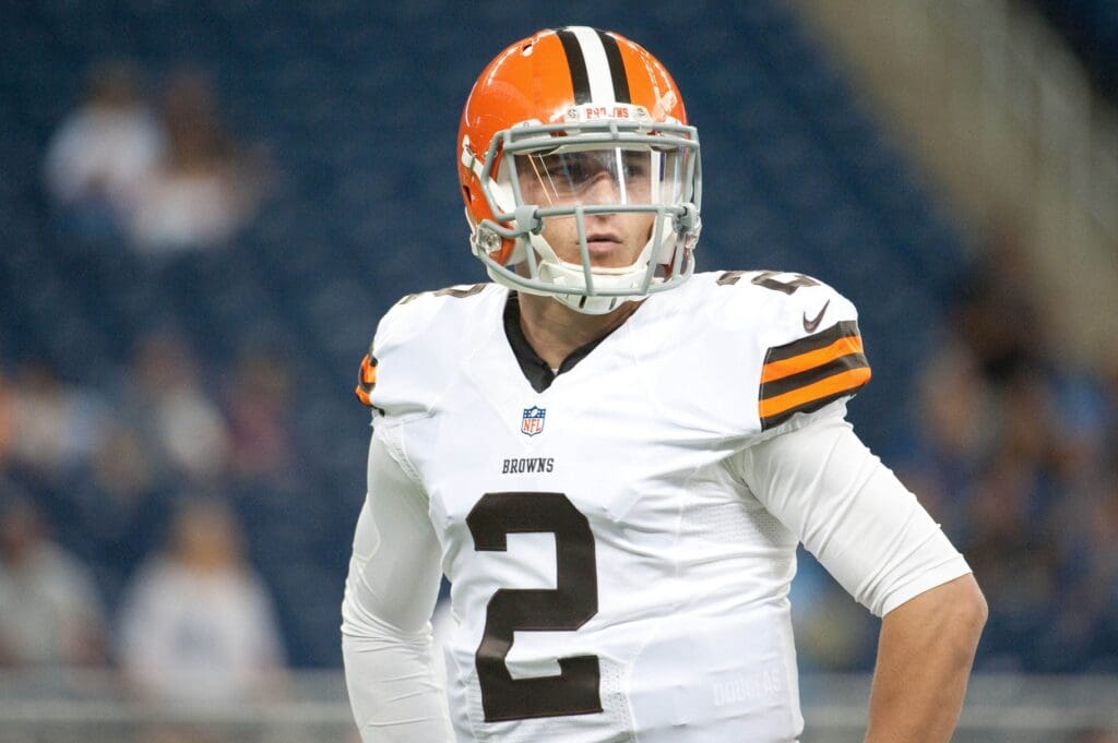 Aug 9, 2014; Detroit, MI, USA; Cleveland Browns quarterback Johnny Manziel (2) warms up before the game against the Detroit Lions at Ford Field.