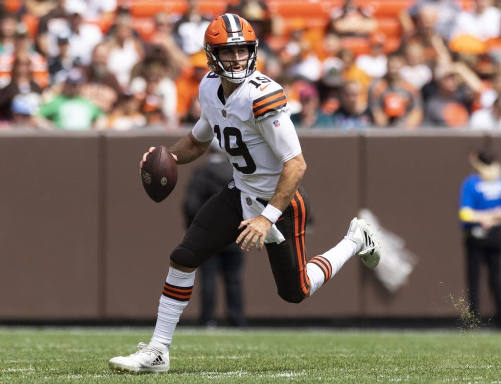 Aug 21, 2022; Cleveland, Ohio, USA; Cleveland Browns quarterback Josh Rosen (19) runs the ball against the Philadelphia Eagles during the third quarter at FirstEnergy Stadium.