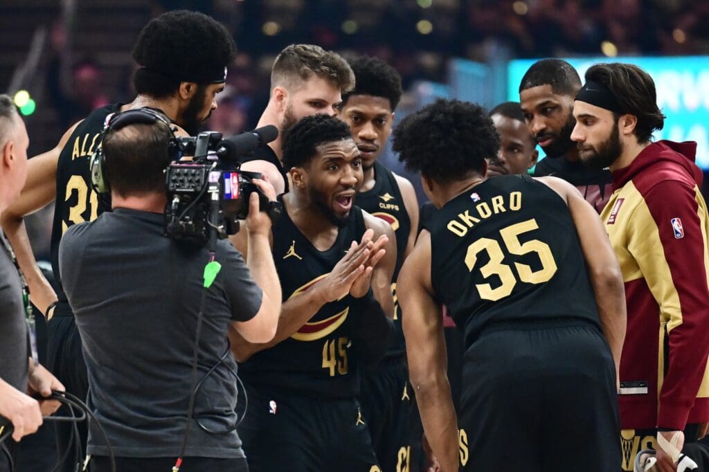 Cleveland Cavaliers guard Donovan Mitchell (45) talks to the during the first half of game five against the Indiana Pacers in the second round for the 2025 NBA Playoffs at Rocket Arena.