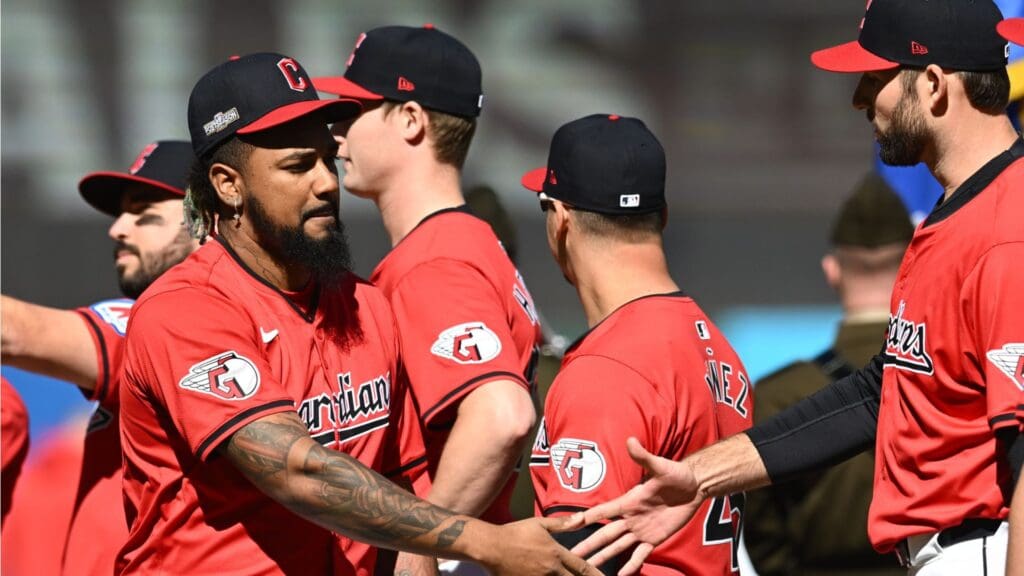Oct 5, 2024; Cleveland, OH, USA; Cleveland Guardians pitcher Emmanuel Clase (48) is introduced before playing against the Detroit Tigers in game one of the ALDS for the 2024 MLB Playoffs at Progressive Field.
