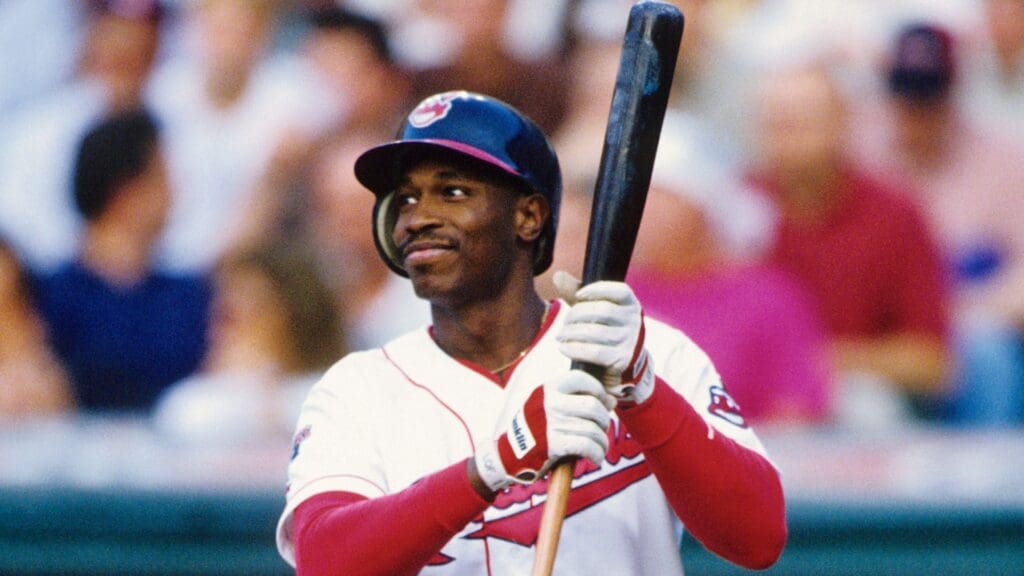 Unknown date 1995; Cleveland, OH, USA; FILE PHOTO; Cleveland Indians center fielder Kenny Lofton at the plate during the 1995 season at Jacob's Field