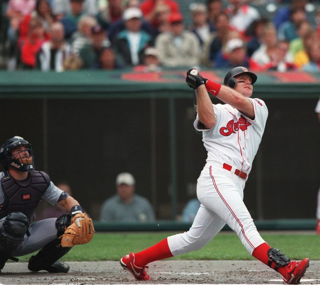 Jun 19, 1999; Cleveland, OH, USA; Cleveland Indians designated hitter Jim Thome (25) bats in a game at Jacobs Field.