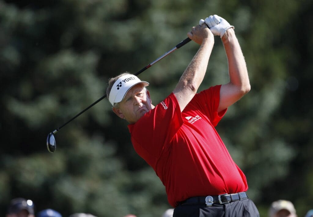 August 7, 2008; Bloomfield Township, MI, USA; Colin Montgomerie follows through on his tee shot to the 17th green during the first round of the PGA Championship at Oakland Hills Country Club.