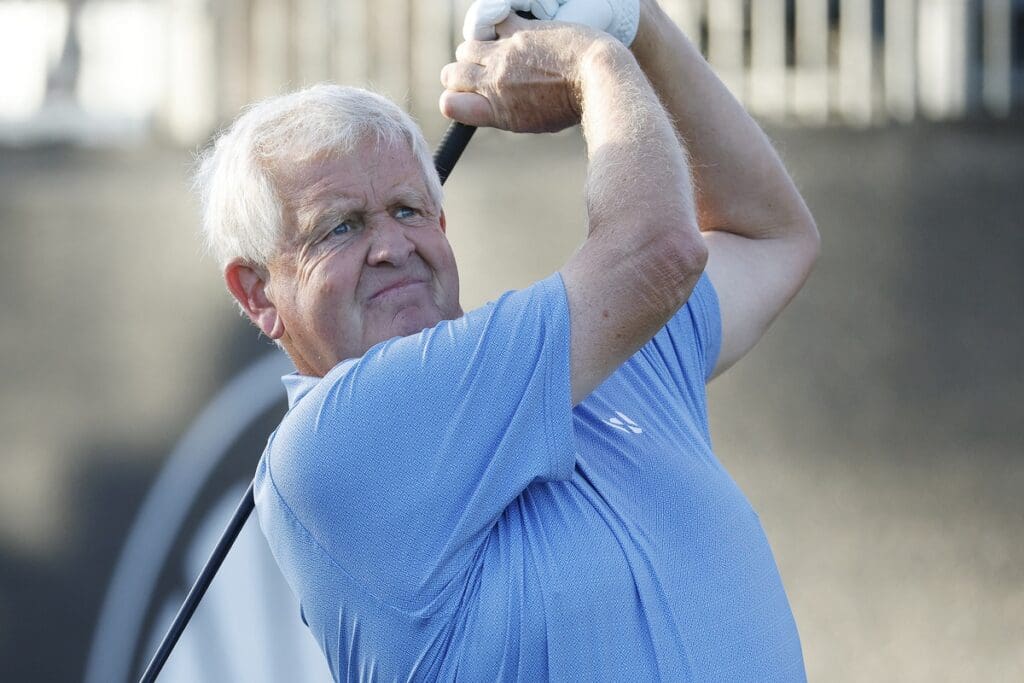 Dec 10, 2023; Bradenton, Florida, USA; Team EuropeÕs Colin Montgomerie hits off of the first tee at The Concession Golf Club. 