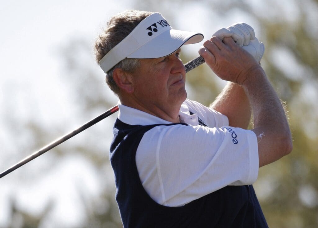 Feb 21, 2008; Marana, AZ, USA; Colin Montgomerie follows through on his tee shot on the fourth hole during the second round of the World Golf Championships Accenture Match Play Championship at The Gallery at Dove Mountain.