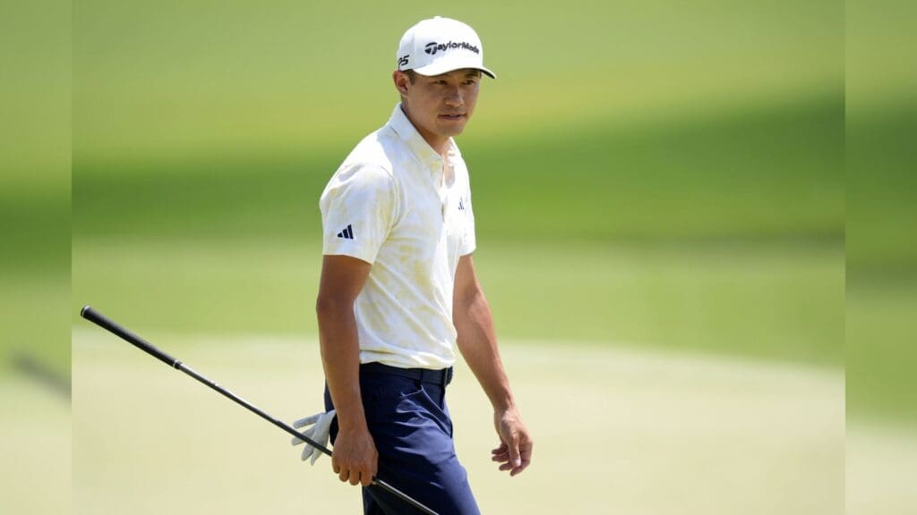 May 18, 2025; Charlotte, North Carolina, USA; Collin Morikawa walks on the 15th green during the final round of the PGA Championship golf tournament at Quail Hollow.