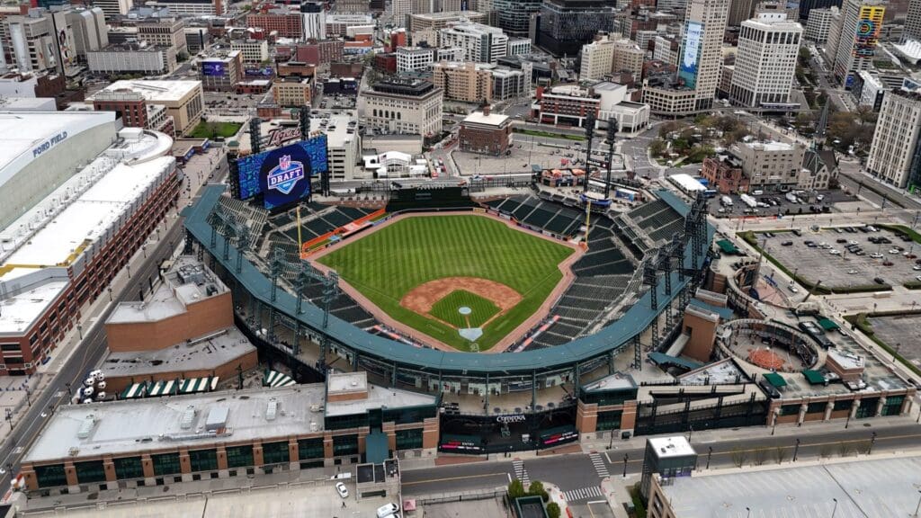 Apr 24, 2024; Detroit, MI, USA; A general overall aerial view of Comerica Park. The stadium is the home of the Detroit Tigers.