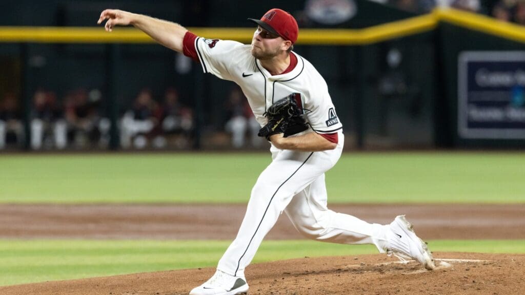 May 27, 2025; Phoenix, Arizona, USA; Arizona Diamondbacks pitcher Corbin Burnes against the Pittsburgh Pirates at Chase Field.