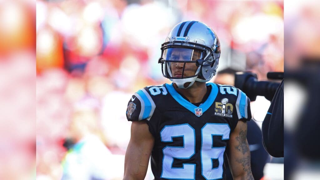 Feb 7, 2016; Santa Clara, CA, USA; Carolina Panthers cornerback Cortland Finnegan (26) against the Denver Broncos during Super Bowl 50 at Levi's Stadium.