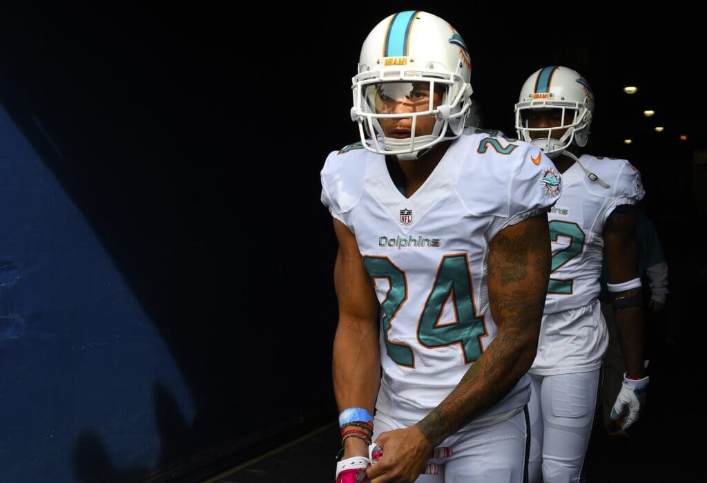 Oct 19, 2014; Chicago, IL, USA; Miami Dolphins cornerback Cortland Finnegan (24) before the game against the Chicago Bears at Soldier Field.