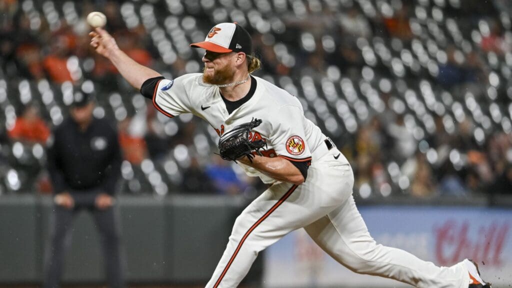 Sep 17, 2024; Baltimore, Maryland, USA; Baltimore Orioles pitcher Craig Kimbrel (46) delivers ninth inning pitch against the San Francisco Giants at Oriole Park at Camden Yards.