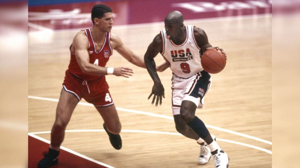 Aug 8, 1992; Badalona, SPAIN; FILE PHOTO; USA Dream Team guard Michael Jordan (9) is defended by Croatia guard Drazen Petrovic (4) in the mens basketball gold medal game during the 1992 Barcelona Olympic Games at Pavello Olympic Arena