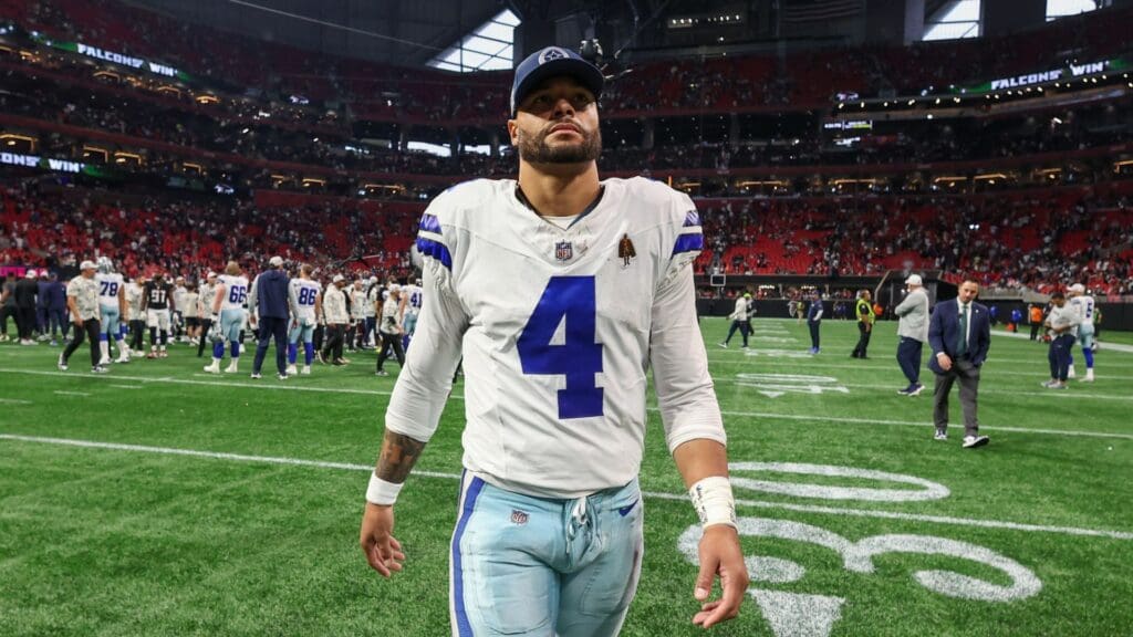 Nov 3, 2024; Atlanta, Georgia, USA; Dallas Cowboys quarterback Dak Prescott (4) walks off the field after a game against the Atlanta Falcons at Mercedes-Benz Stadium.