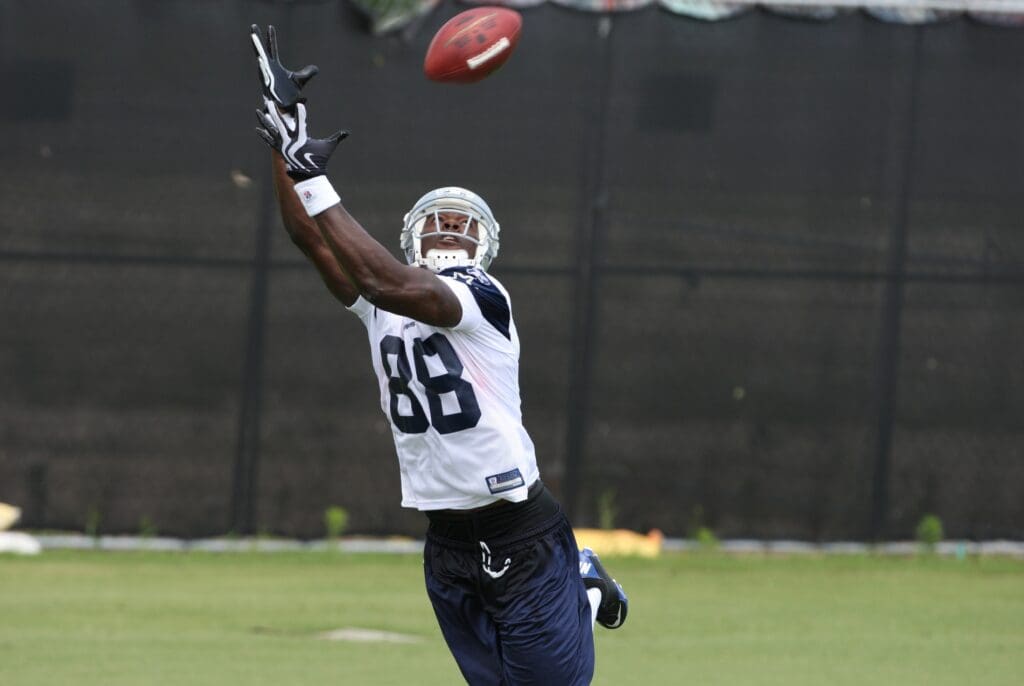 May 17, 2010; Irving, TX, USA; Dallas Cowboys first round draft pick receiver Dez Bryant (88) tries to make a catch during organized team activities at Dallas Cowboys headquarters.