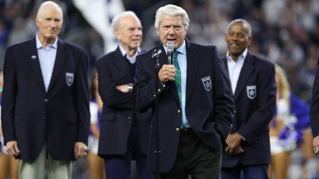 Dec 30, 2023; Arlington, Texas, USA; Dallas Cowboys former head coach Jimmy Johnson speaks after being inducted into the ring of honor at halftime of the game against the Detroit Lions at AT&T Stadium.