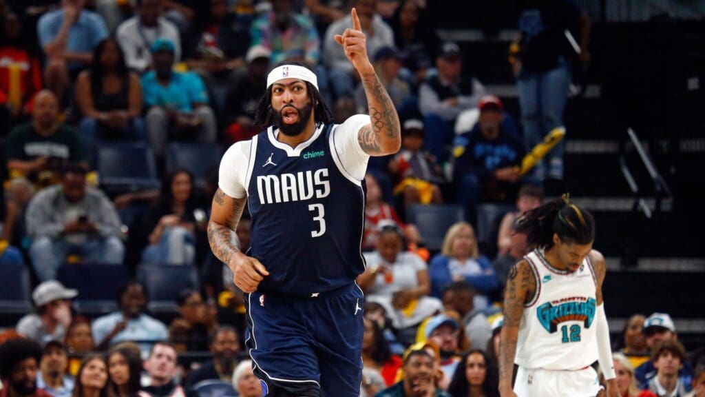 Apr 18, 2025; Memphis, Tennessee, USA; Dallas Mavericks forward Anthony Davis (3) reacts during the third quarter against the Memphis Grizzlies at FedExForum