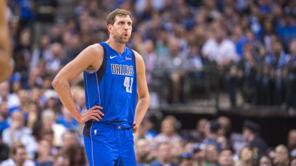 Apr 9, 2019; Dallas, TX, USA; Dallas Mavericks forward Dirk Nowitzki (41) waits for play to resume against the Phoenix Suns during the first quarter at the American Airlines Center.