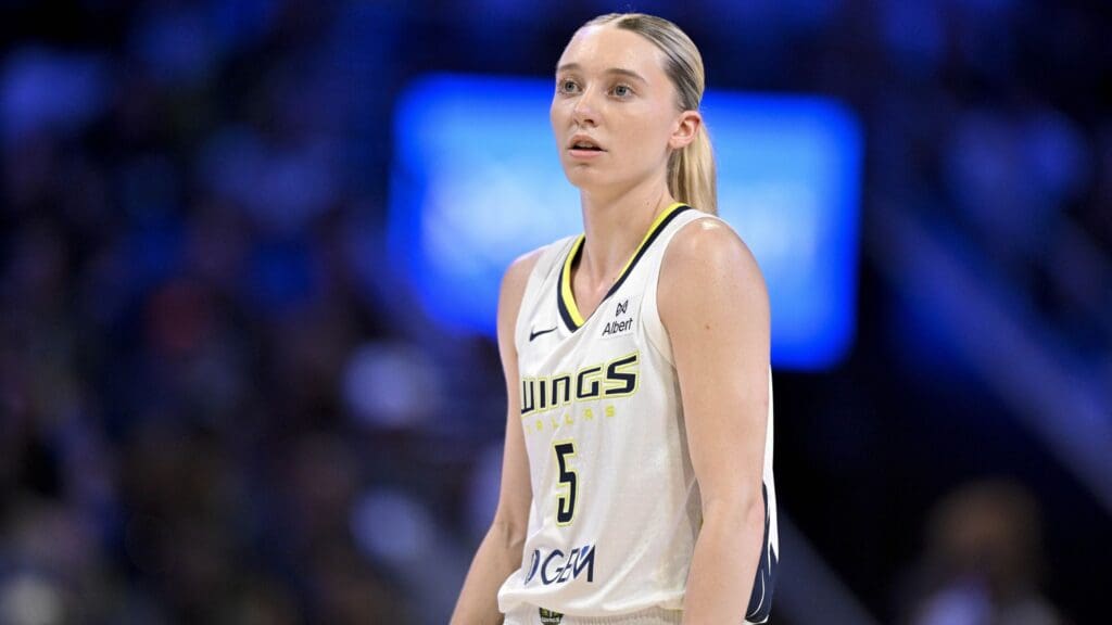 May 19, 2025; Arlington, Texas, USA; Dallas Wings guard Paige Bueckers (5) looks on during the first half against the Seattle Storm at College Park Center