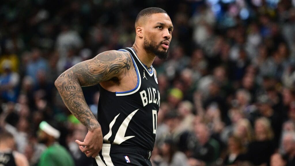 Apr 27, 2025; Milwaukee, Wisconsin, USA; Milwaukee Bucks guard Damian Lillard (0) looks on in the first quarter during game four against the Indiana Pacers of first round for the 2024 NBA Playoffs at Fiserv Forum. Lillard left the game early in the in the first quarter with an injury.