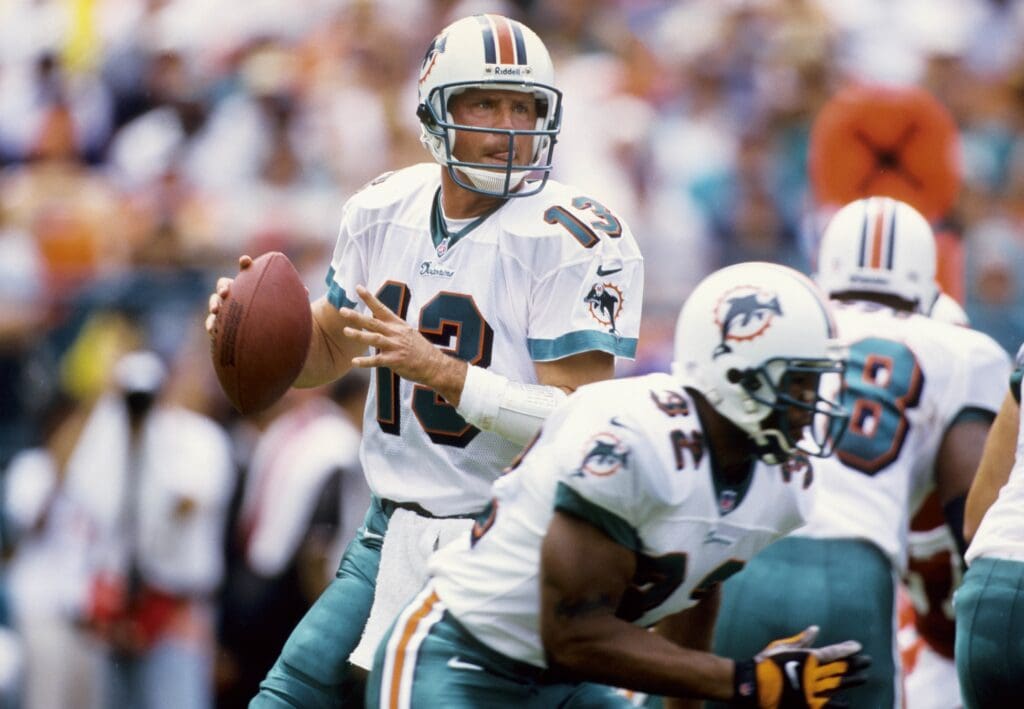 Sep 19, 1999; Miami, FL, USA; FILE PHOTO; Miami Dolphins quarterback Dan Marino (13) throws the ball against the Arizona Cardinals during the 1999 season at Dolphin Stadium.
