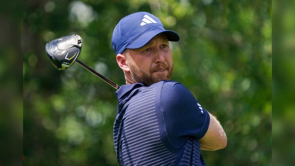 May 22, 2025; Fort Worth, Texas, USA; Daniel Berger plays his shot from the ninth tee during the first round of the Charles Schwab Challenge golf tournament.