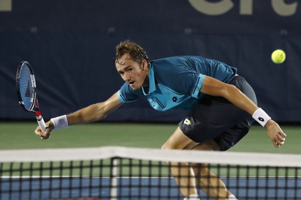 Aug 2, 2017; Washington, DC, USA; Daniil Medvedev of Russia reaches for a forehand against Steve Johnson of the United States (not pictured) on day three of the Citi Open at Fitzgerald Tennis Center.