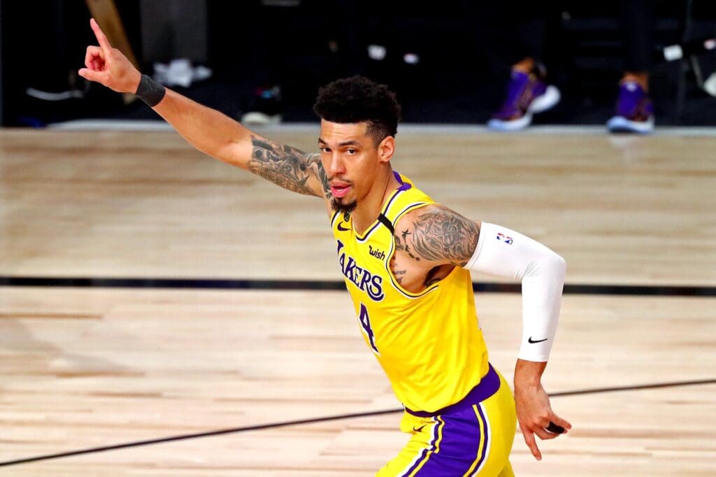 Oct 6, 2020; Miami, Florida, USA; Los Angeles Lakers guard Danny Green (14) reacts after a play during the second quarter against the Miami Heat in game 4 of the 2020 NBA Finals at AdventHealth Arena.