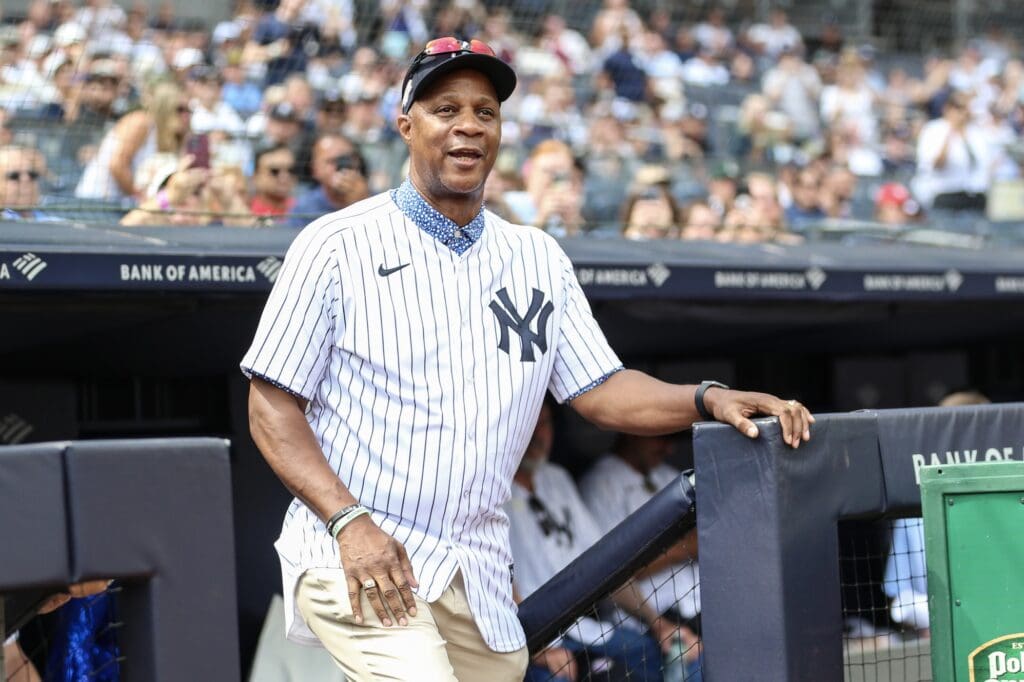 Sep 9, 2023; Bronx, New York, USA; Former New York Yankees outfielder Darryl Strawberry at Old Timer’s Day before the game against the Milwaukee Brewers at Yankee Stadium.