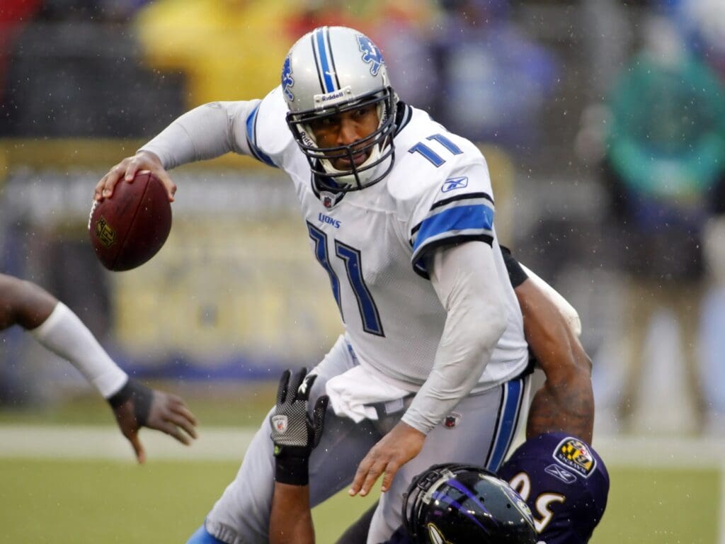 December 13, 2009; Baltimore, MD, USA; Detroit Lions quarterback Daunte Culpepper (11) is sacked by Baltimore Ravens linebacker Antwan Barnes (50) in the second quarter at M & T Bank Stadium.