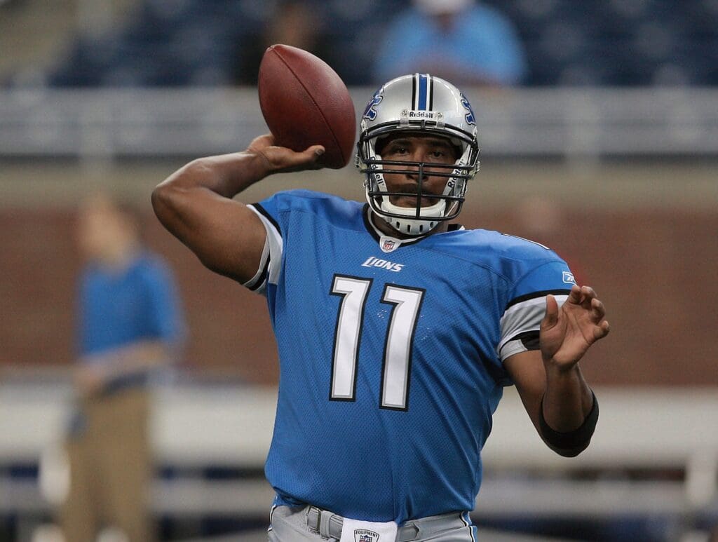 August 15, 2009; Detroit, MI, USA;Detroit Lions quarterback Daunte Culpepper (11) warms up prior to the start of the game against the Atlanta Falcons at Ford Field.