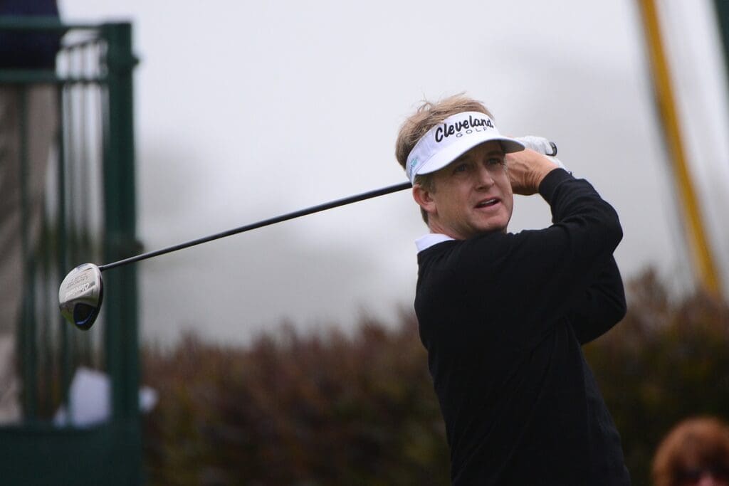 June 17, 2012; San Francisco, CA, USA; David Toms tees off on the 1st hole during the final round of the 112th U.S. Open golf tournament at The Olympic Club.