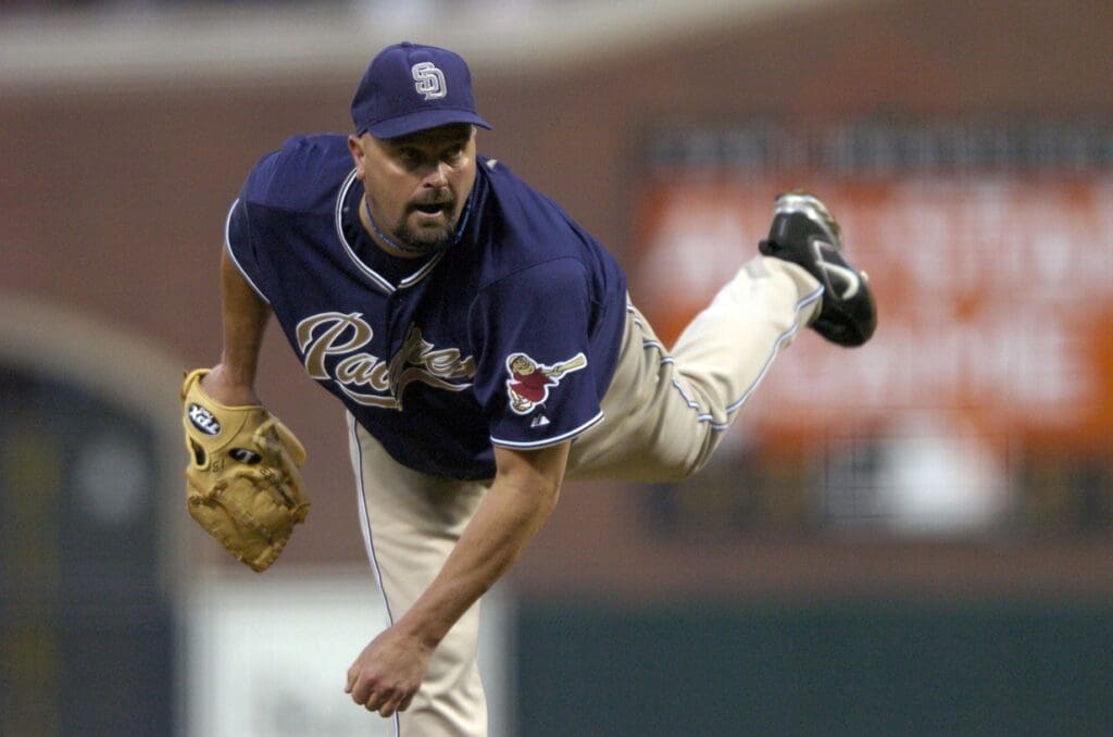 June 26, 2007; San Francisco, CA, USA; San Diego Padres starting pitcher David Wells (33) pitches against the San Francisco Giants during the 5th inning at AT&T Park in San Francisco, CA.