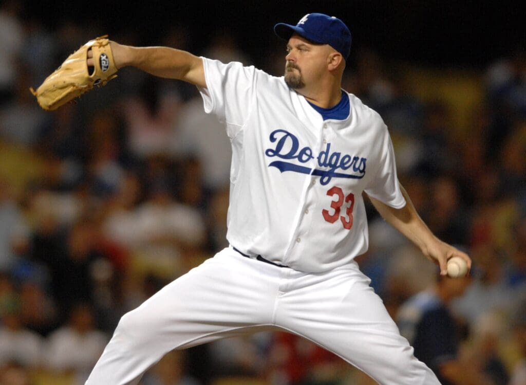 Sep 13, 2007; Los Angeles, CA, USA; Los Angeles Dodgers pitcher David Wells (33) pitches during game against the San Diego Padres at Dodger Stadium.