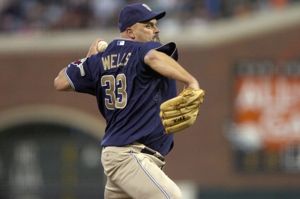 June 26, 2007; San Francisco, CA, USA; San Diego Padres starting pitcher David Wells (33) pitches against the San Francisco Giants during the 5th inning at AT&T Park in San Francisco, CA.