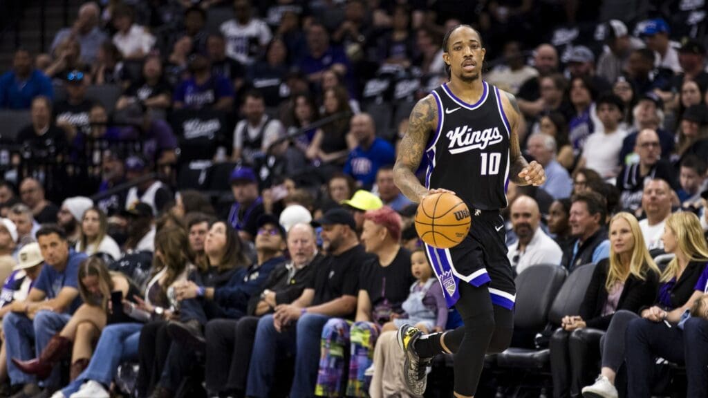 Apr 13, 2025; Sacramento, California, USA; Sacramento Kings forward DeMar DeRozan (10) dribbles against the Phoenix Suns during the second quarter at Golden 1 Center.