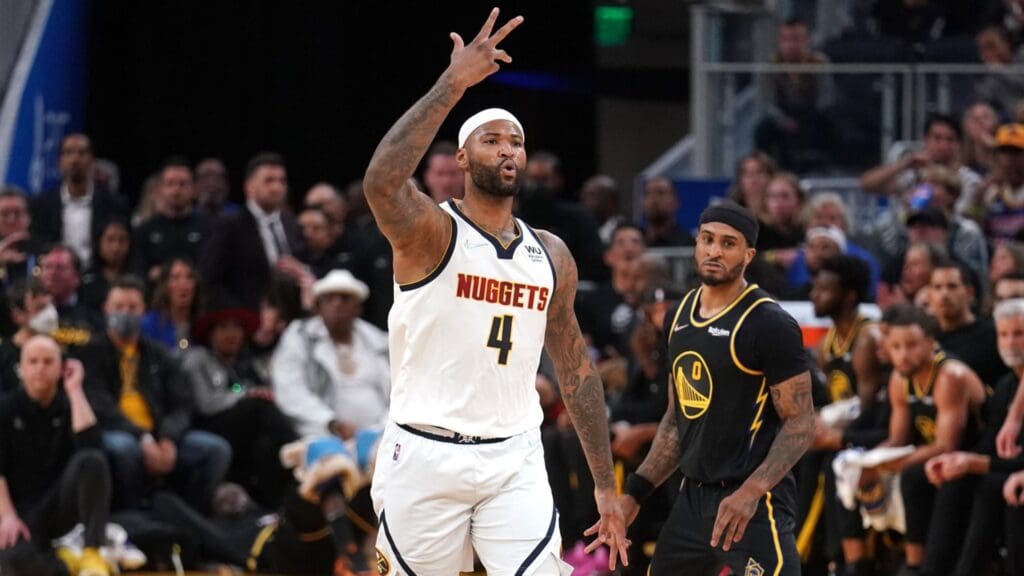 Apr 27, 2022; San Francisco, California, USA; Denver Nuggets center DeMarcus Cousins (4) reacts after making a three point basket against the Golden State Warriors in the third quarter during game five of the first round for the 2022 NBA playoffs at Chase Center.