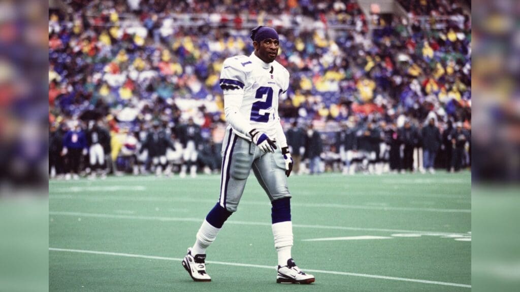Oct 26, 1997; Philadelphia, PA, USA; FILE PHOTO; Dallas Cowboys defensive back Deion Sanders (21) walks off the field during a game against the Philadelphia Eagles at Veterans Stadium.