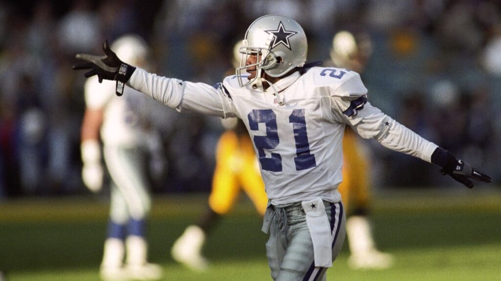 Jan 28, 1996; Tempe, AZ, USA; FILE PHOTO; Dallas Cowboys defensive back Deion Sanders (21) reacts on the field against the Pittsburgh Steelers during Super Bowl XXX at Sun Devil Stadium. Dallas defeated Pittsburgh 27-17.