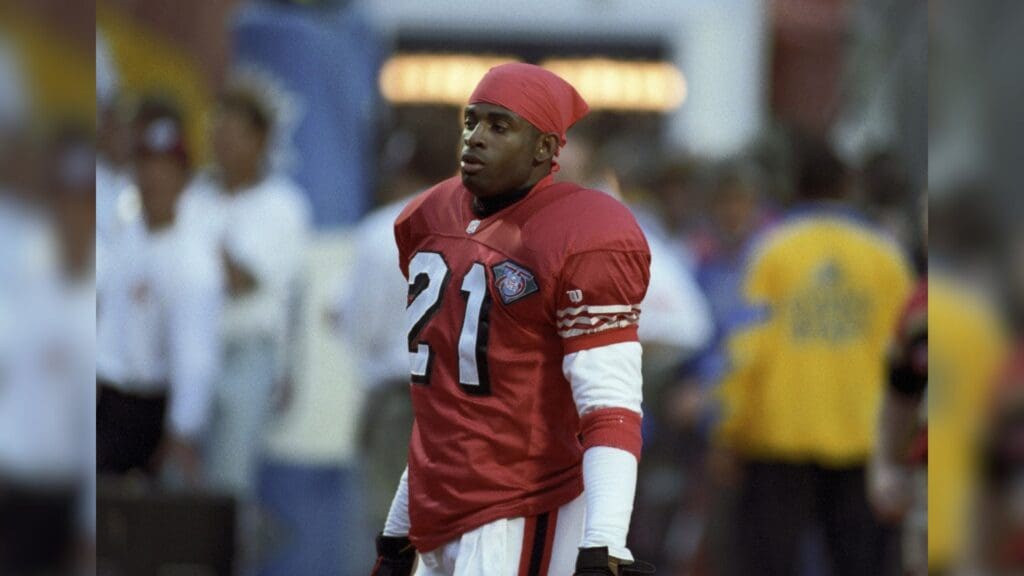 Jan 29, 1995; Miami, FL, USA; FILE PHOTO; San Francisco 49ers cornerback Deion Sanders (21) on the field prior to Super Bowl XXIX against the San Diego Chargers at Joe Robbie Stadium. San Francisco defeated San Diego 49-26.