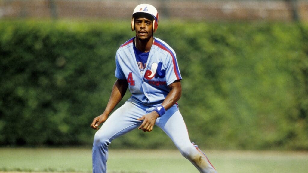 Aug 15, 1991; Chicago, IL, USA; FILE PHOTO; Montreal Expos infielder Delino DeShields (4) in action against the Chicago Cubs at Wrigley Field.