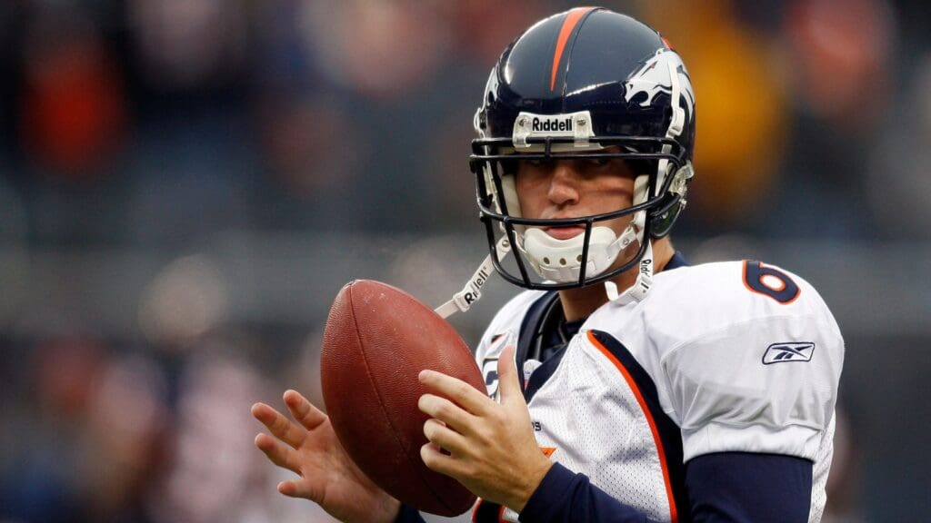 Nov 25, 2007; Chicago, IL, USA; Denver Broncos quarterback Jay Cutler (6) warms up before the game against the Chicago Bears at Soldier Field. The Bears beat the Broncos 37-34 in overtime.