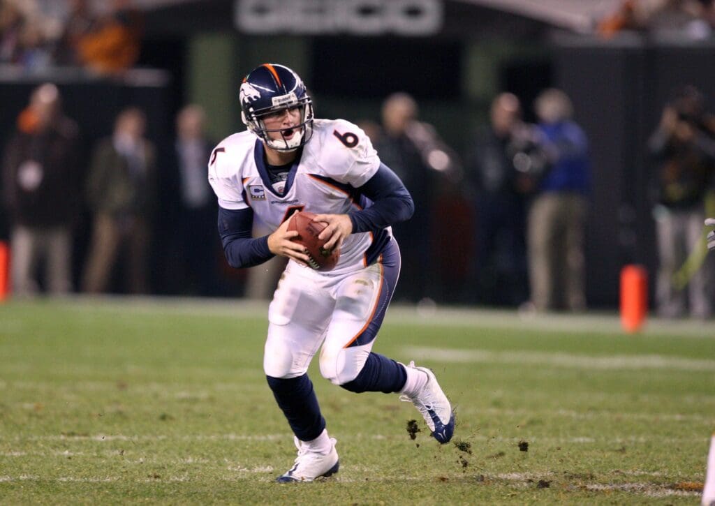 Nov 6, 2008; Cleveland, Oh, USA; Denver Broncos quarterback Jay Cutler (6) throws in the pocket against the Cleveland Browns at Cleveland Brown Stadium. The Broncos beat the Browns 34-30.