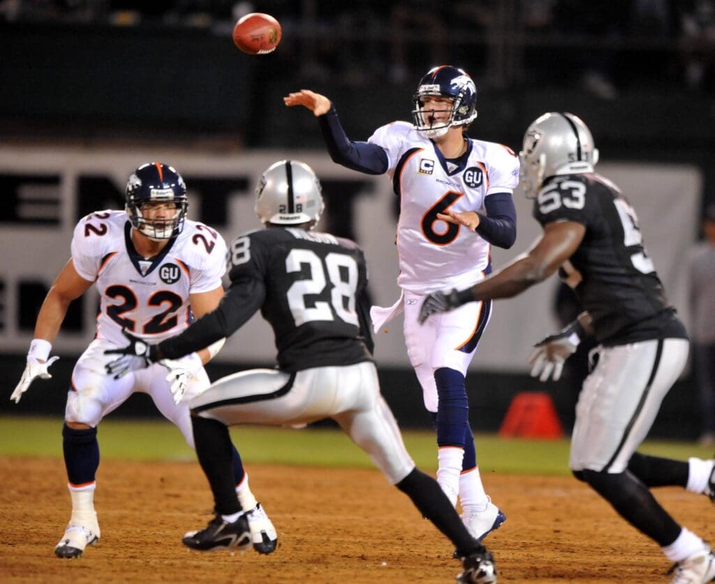 Sep 8, 2008; Oakland, CA, USA; Denver Broncos quarterback Jay Cutler (6) throws a pass during the Broncos 41-14 victory over the Oakland Raiders at McAfee Coliseum.