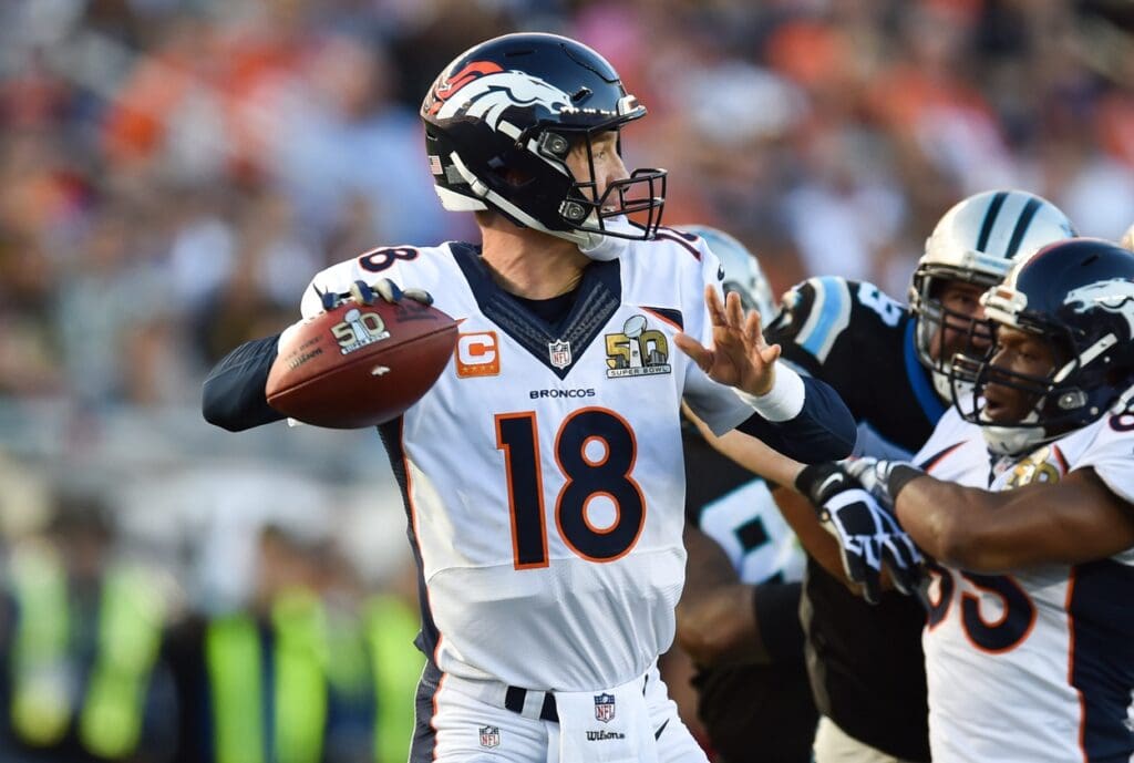 Feb 7, 2016; Santa Clara, CA, USA; Denver Broncos quarterback Peyton Manning (18) looks to pass during the first quarter against the Carolina Panthers in Super Bowl 50 at Levi's Stadium.