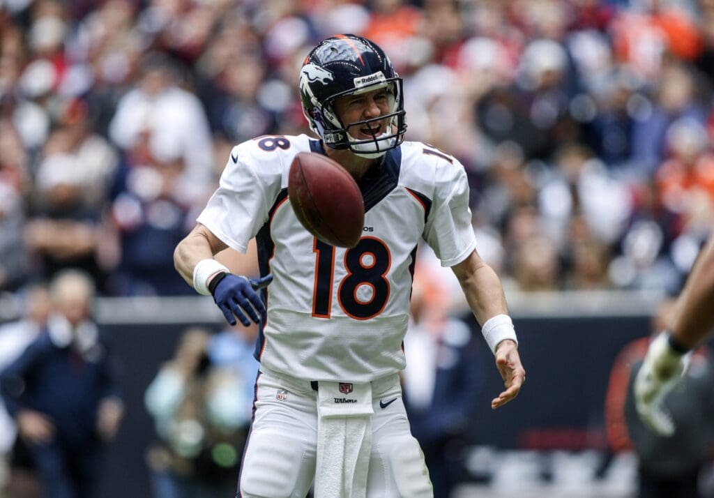 Dec 22, 2013; Houston, TX, USA; Denver Broncos quarterback Peyton Manning (18) reacts after a play during the second quarter against the Houston Texans at Reliant Stadium.